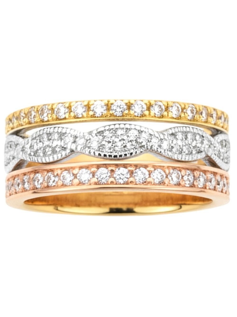 Designer Inspired Tri Tone CZ 3 Row Band Ring Yellow White Rose Gold Filled NWOT